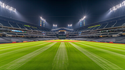 Empty Baseball Stadium at Night with Bright Lights