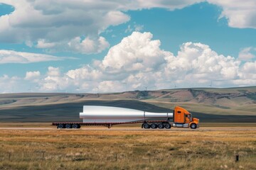 Fototapeta premium Orange flatbed truck transporting wind turbine blade on a scenic route