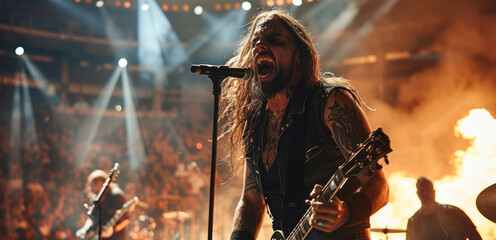 Metal band playing in open air stadium arena, lead singer screaming. Generative AI.