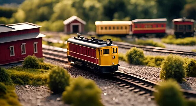 Model trains and locomotives on the train tracks.