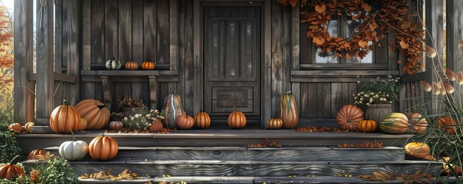 Decorating the porch with pumpkins and gourds, October 15th, rustic charm and seasonal decor, 4K hyperrealistic photo.