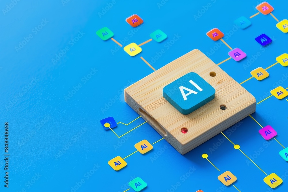 Poster wooden block with ai icon on a colorful, digital network background, symbolizing the integration of 