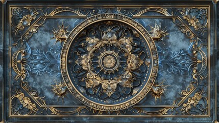 A decorative 3D wallpaper designed for the ceiling, featuring an intricate blue and golden mandala pattern framed within an ornate backdrop. This elegant design adds a touch of sophistication 