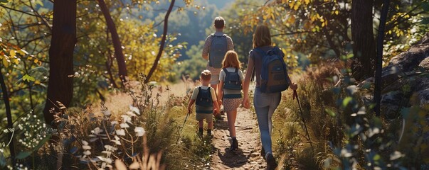 Fototapeta premium Family hiking for National Sweetest Day, October 20th, enjoying sweet snacks along the trail, 4K hyperrealistic photo.