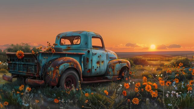 Abstract background  painting of old blue rusted pickup truck in the veld at dusk with wild flowers everywhere, Generative AI illustrations. 