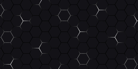 Dark gray hexagonal technology abstract vector background. white bright energy flashes under hexagon in modern futuristic technology background. Dark gray honeycomb texture grid illustration.