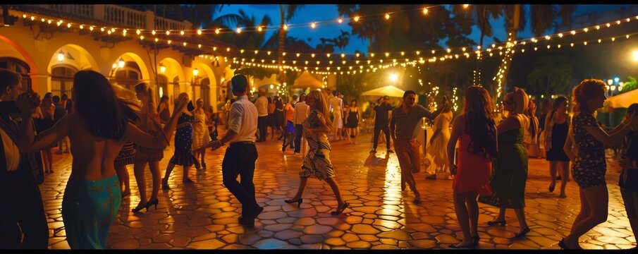 Summer salsa dancing class under the stars, rhythmic moves and lively music, 4K hyperrealistic photo.