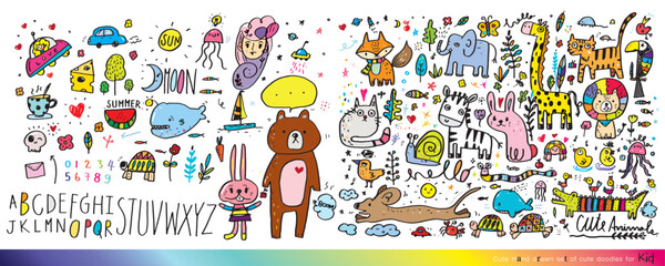 Collection of hand drawn cute doodles,Doodle children drawing,Sketch set of drawings in child style,Funny Doodle Hand Drawn,Page for coloring, cute animal hand drawn, cute Doodle