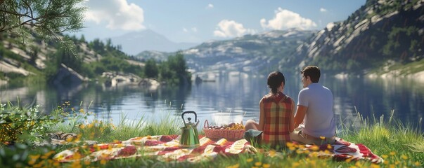 Family enjoying a picnic by the lake for National Picnic Month, delicious food and scenic views, 4K hyperrealistic photo.