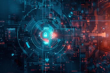 Obraz premium Abstract digital security design with central lock, network nodes, shields, and digital locks. Illustrates AIs role in safeguarding digital assets. Generative AI