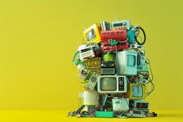 A pile of old electronics including a television, a remote control