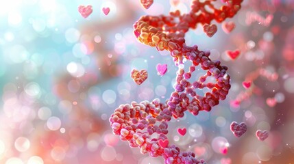 A colorful DNA strand with heart-shaped particles floating around, set against a bokeh light background, symbolizing love and genetics.

