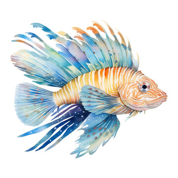 watercolor lionfish swimming, blue, orange, white clip art preview