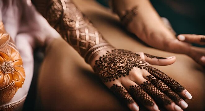 Indian woman with henna tattoo on hand.