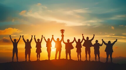 Success of teamwork, joint achievement of goal in business and life, winning team is holding trophy in hands, Generative AI illustrations. 