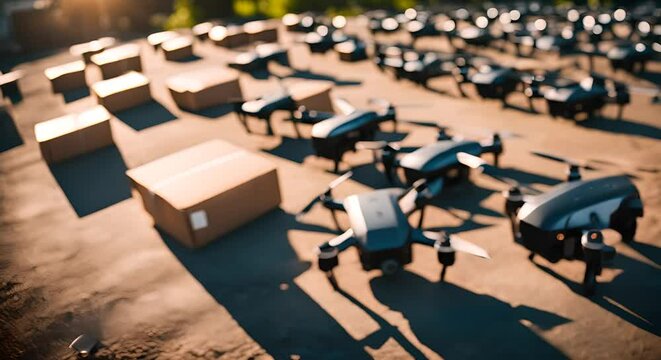 Drones transporting packages.