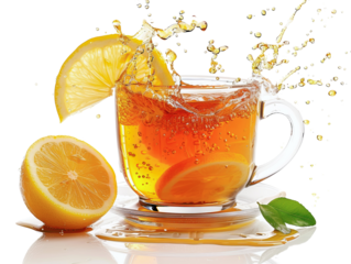 Refreshing lemon tea in transparent cup with a slice and splash. Perfect beverage photo for tea enthusiasts and food bloggers.