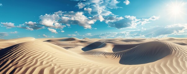 Sand dunes in desert landscape with nice sunny weather in summer. Banner, Generative AI.