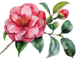 Beautiful watercolor painting of a pink camellia flower with detailed green leaves, capturing natural delicate botanical beauty in art.