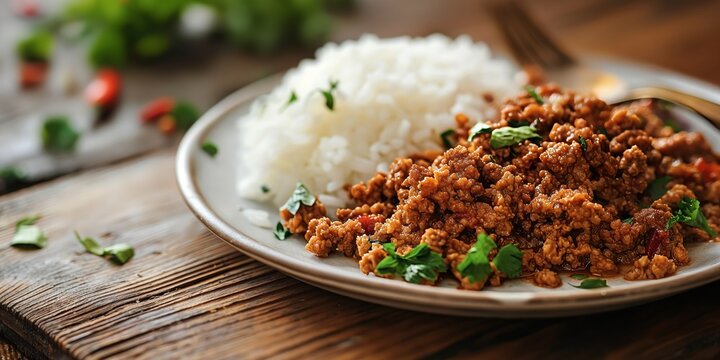 Appetizing plate of ground meat and white rice garnished with herbs, served on a wooden background
