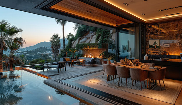 A dining room open kitchen inside of huge glass black square contemporary mansion style streamlined billionaires home, luxury. Generative AI.