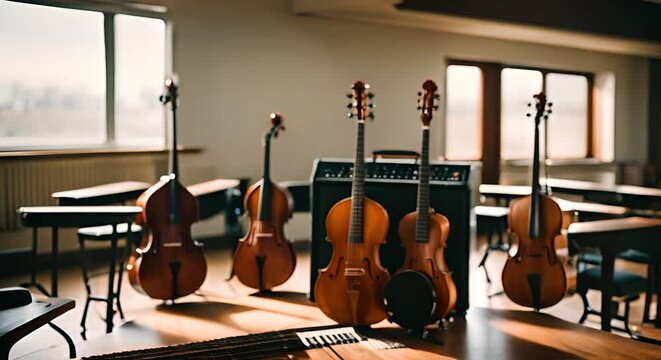 Musical instruments in a music class.
