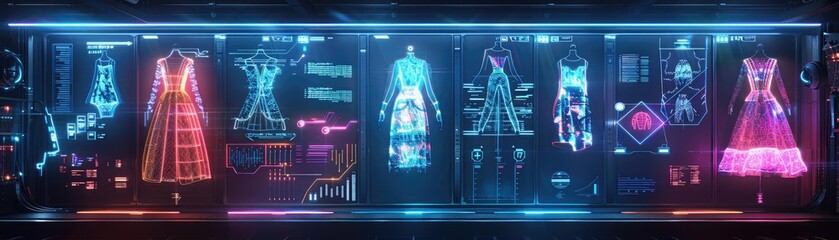 Futuristic digital wardrobe showcasing high-tech, glowing fashion designs with vibrant neon lights, blending technology and style seamlessly.