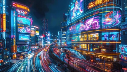 Vibrant cityscape at night with futuristic neon lights and busy streets creating a dynamic urban atmosphere.