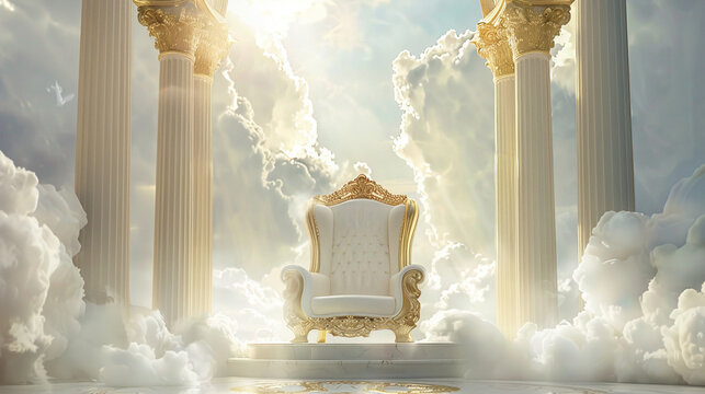 a golden throne sitting on top of a cloud filled sky