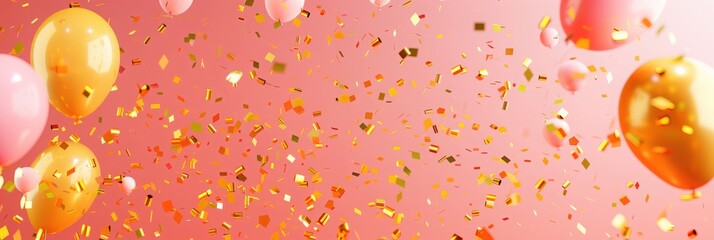 A vibrant banner design featuring gold confetti and balloons, ideal for celebrating occasions like grand openings, birthday parties, or announcing grand sales and Black Friday deals