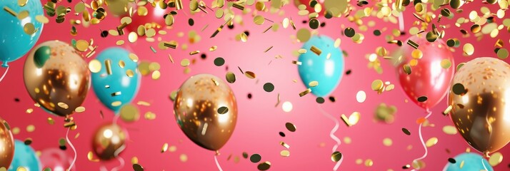 A vibrant banner design featuring gold confetti and balloons, ideal for celebrating occasions like grand openings, birthday parties, or announcing grand sales and Black Friday deals