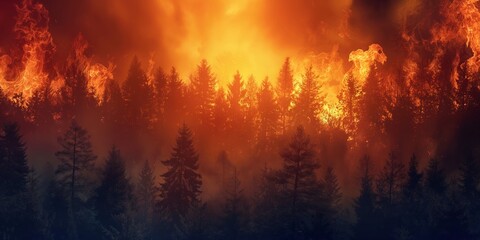 A ferocious forest fire spreads rapidly with towering flames amid dense woodland