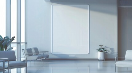 A mockup of an empty white poster on the wall in modern hospital waiting room with comfortable chairs and medical equipment. empty white blank poster on white wall in hospital, white board