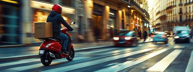 Urban delivery with a wide frame featuring a delivery motorbike or scooter driver carrying a courier box on the back. This dynamic image captures the speed and efficiency of modern delivery services
