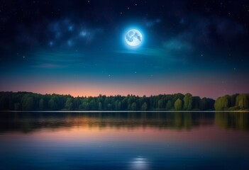 A photo of a full moon and stars in a night sky over a lake and trees