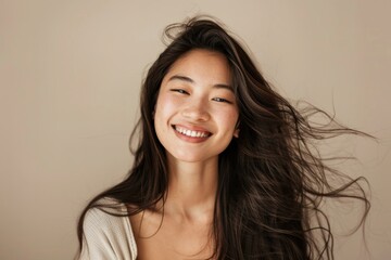 Naklejka premium Smiling asian woman with windblown hair in front of beige background exuding beauty and elegance