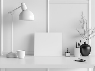 Minimalist white desk with blank canvas and lamp