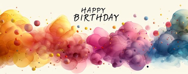 Minimalist birthday card with colorful fabric and floating spheres