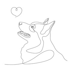 Linear drawing of corgi, dog and hearts. Dog is human best friend. Cute dog face, side view. Pet tattoo