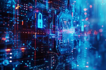A digital illustration depicting a futuristic cybersecurity system with AI algorithms protecting digital locks, shields, and network nodes. Generative AI