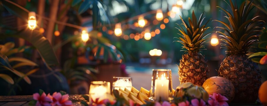 Luau party with tropical decor and island music, leis and Hawaiian delights, 4K hyperrealistic photo.