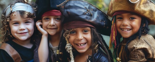 Kids dressing as pirates for International Talk Like a Pirate Day, September 19th, playing pirate-themed games, 4K hyperrealistic photo.