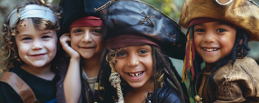 Kids dressing as pirates for International Talk Like a Pirate Day, September 19th, playing pirate-themed games, 4K hyperrealistic photo.