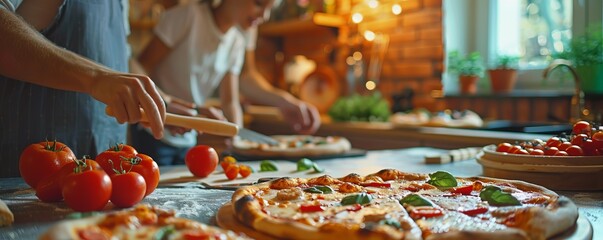 Family having a pizza night for National Chop Suey Day, August 29th, making and eating homemade pizzas, 4K hyperrealistic photo.