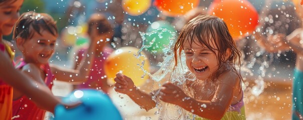 Kids having a fun water balloon fight for International Children's Day, splashes and laughter, 4K hyperrealistic photo.