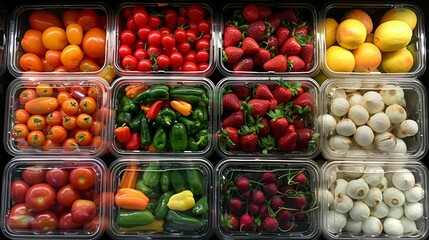 Assortment of fresh and healthy fruits and vegetables beautifully arranged on a supermarket shelf