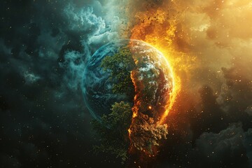 Digital painting of earth split between a burning cityscape and a green forest. impact of fossil fuels and benefits of carbon credits, showcasing the stark contrast between environmental degradation