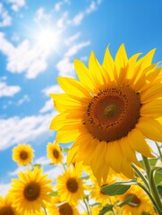 Fototapeta premium Bright sunflowers in full bloom under a clear blue sky with the sun shining, capturing a vibrant summer day in nature.