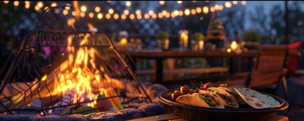 Friends hosting a bonfire for National Taco Day, October 4th, grilling tacos and enjoying the warmth, 4K hyperrealistic photo.