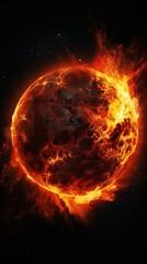 Fototapeta premium Close-up image of a fiery planet engulfed in flames, depicting a cosmic cataclysm in the universe, perfect for sci-fi and space-related themes.